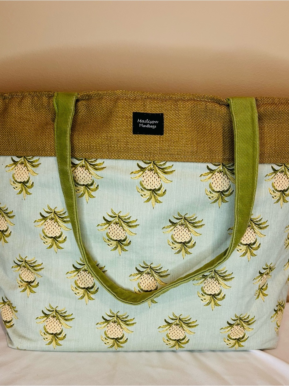 Madison Light Blue Pineapple-Print Tote with Olive Accents